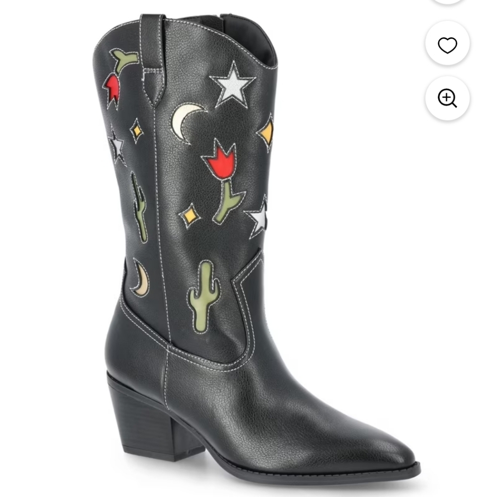 New No Boundaries Western Tall Cowboy Boots Black Faux Leather Fall Heels CutOut